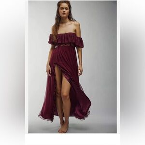 Dress by Brenda Knight,off-the-shoulder silhouette w/ ruffle trim + lace piecing